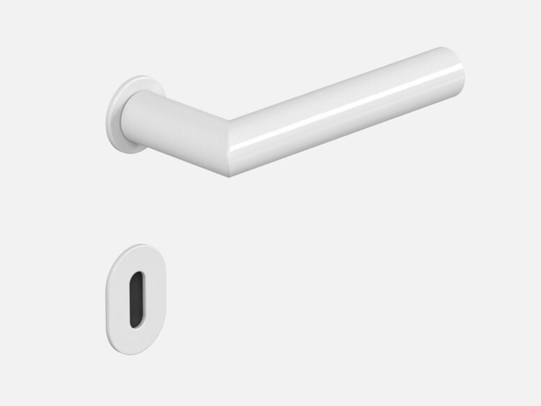 Minimalist door handle with key rosette in the colour white made of polyamide