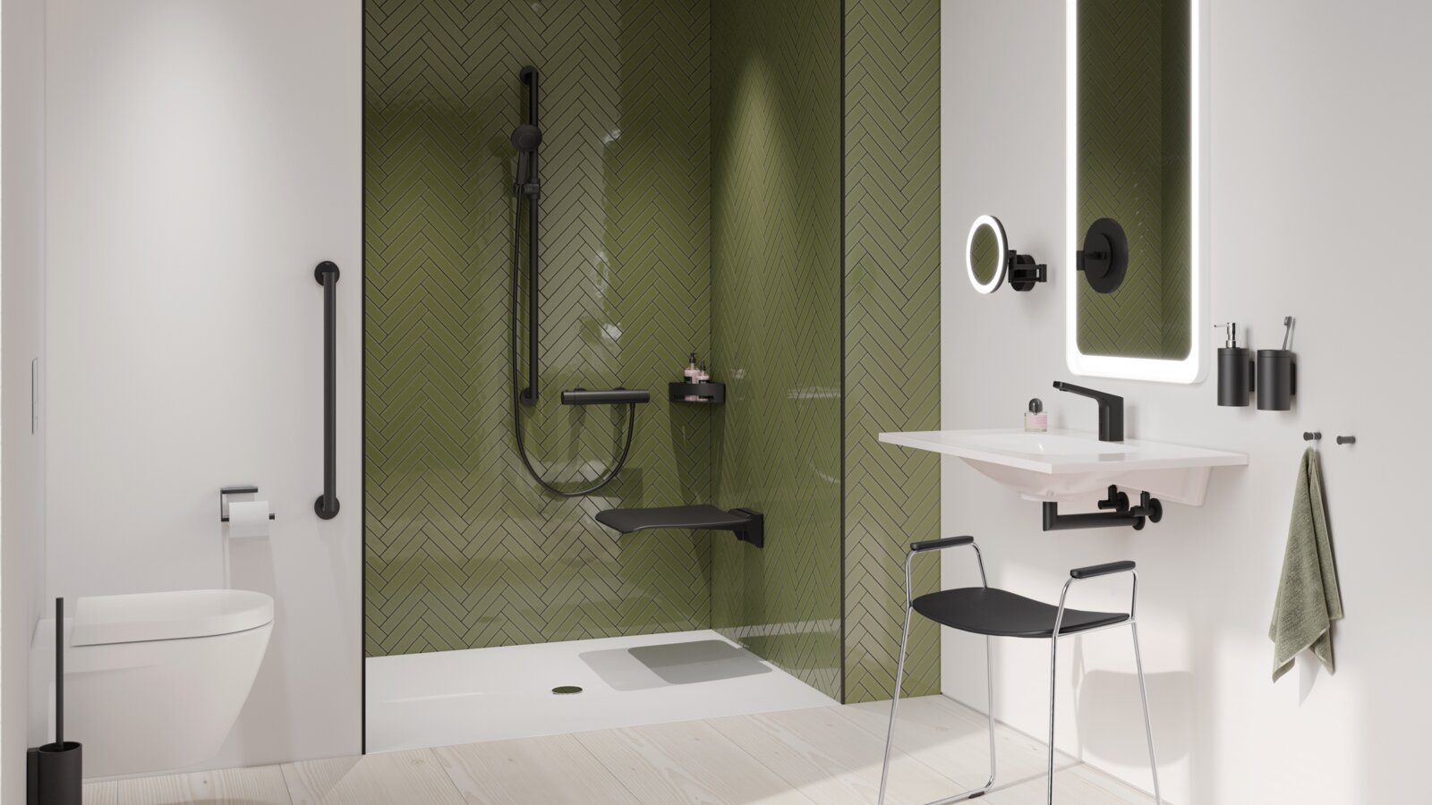Bad mit Waschplatz, Duschbereich und WC ausgestattet mit HEWI System 900 und Duschhocker in Schwarz matt