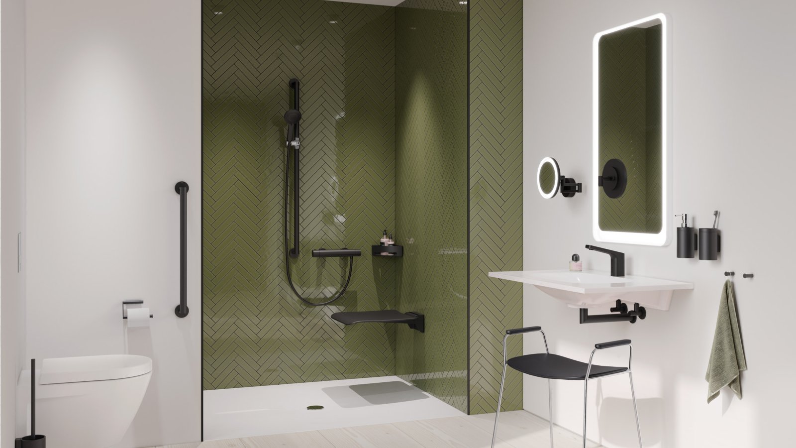 Barrierefreies Bad mit Waschplatz, Duschbereich und WC, ausgestattet mit HEWI Serie 900 in Schwarz matt