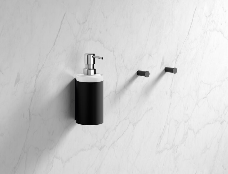 Soap dispenser and towel hook in the colour black