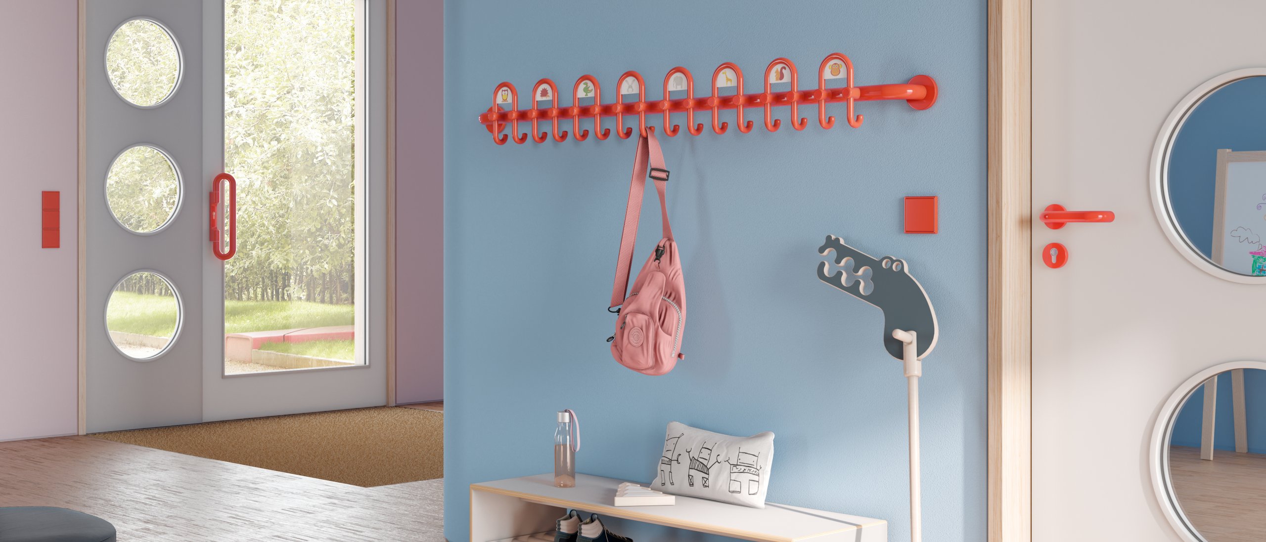 Colourful kindergarten equipped with fittings and wardrobe in the colour orange
