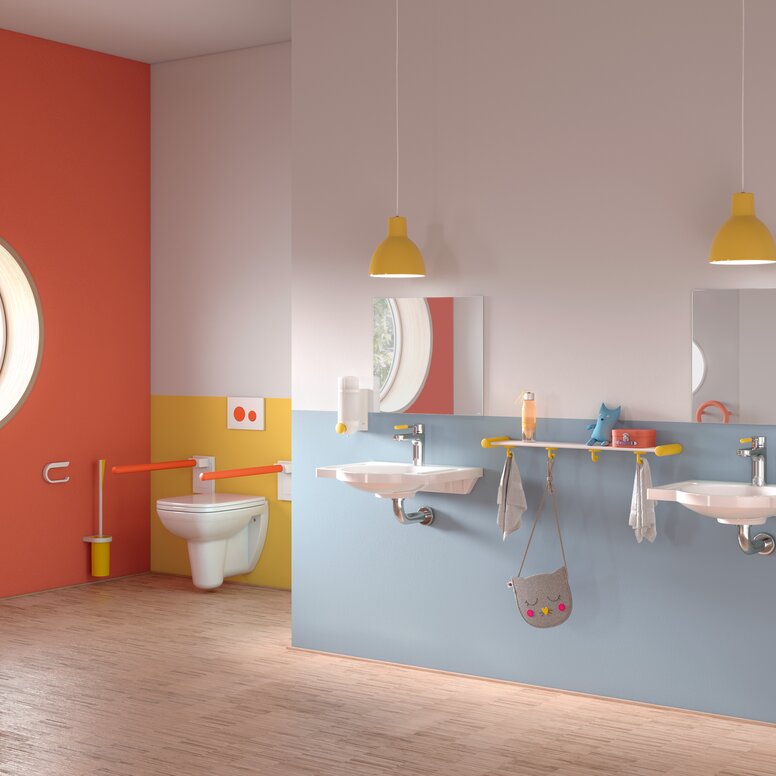 Kindergarten bathroom with colourful, child-friendly sanitary equipment