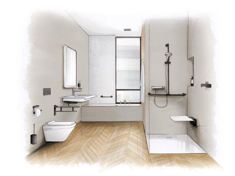 Drawing of a barrier-free bathroom with washbasin, shower area and WC
