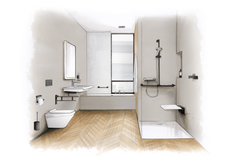 Zeichnung eines barrierefreien Bads mit Waschplatz, Duschbereich und WC