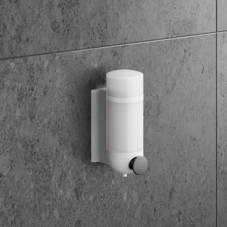 Soap dispenser in the colour signal white and with a push button in anthracite made of polyamide