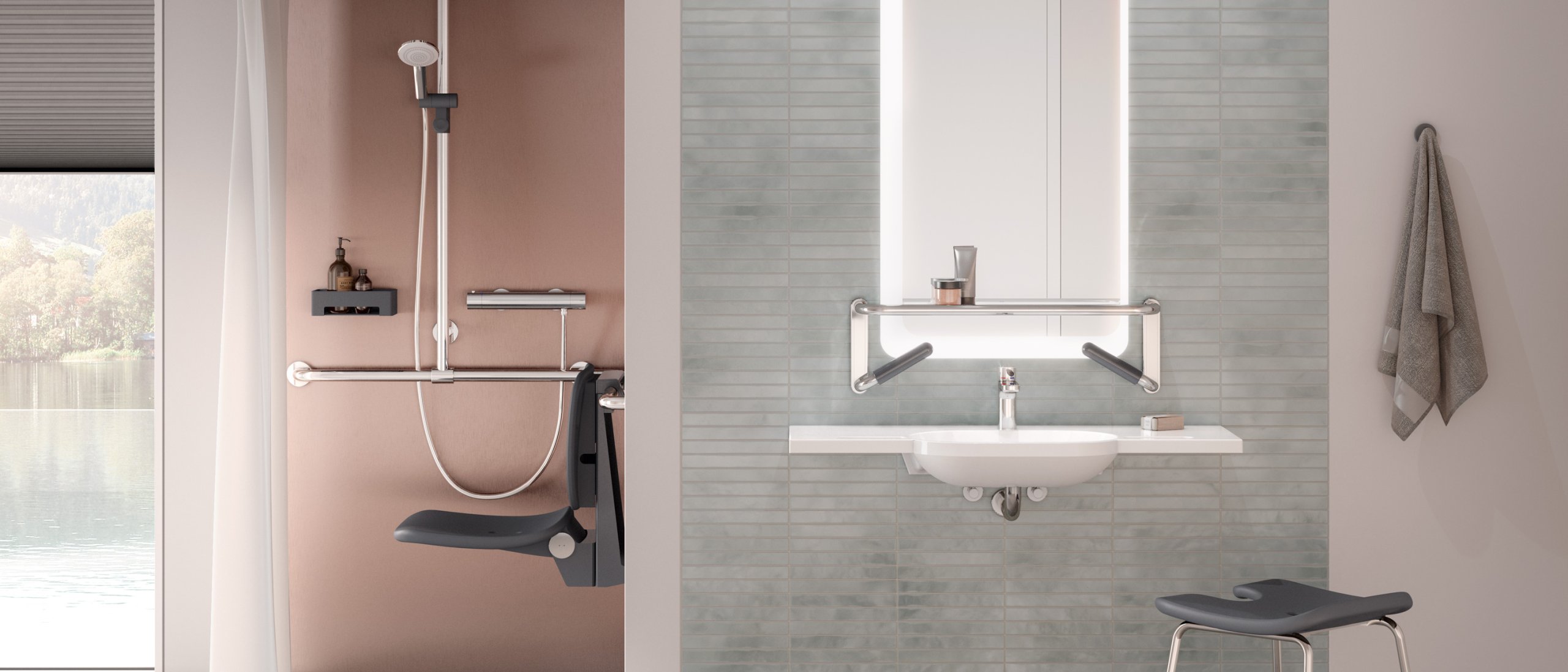 Barrier-free care bathroom with washbasin and shower area
