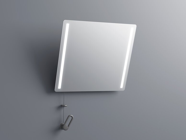 Tilting mirror with LED lighting and crank and cable pull for tilt adjustment