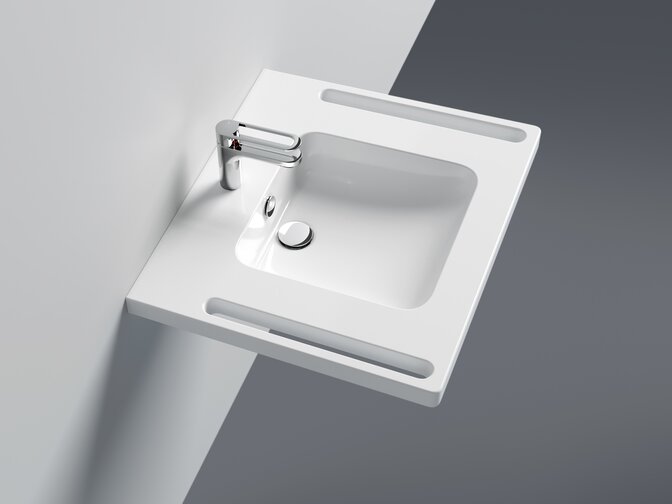 Washbasin with overflow, integrated side handles and single lever tap in chrome